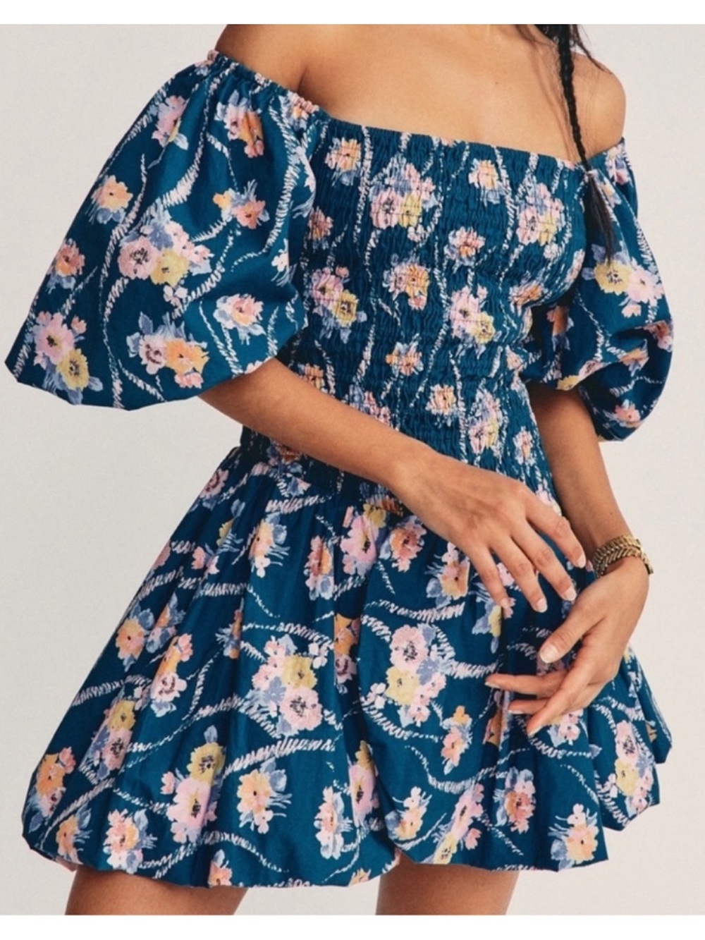 LoveShackFancy Blue Floral Off-Shoulder Mini Dress